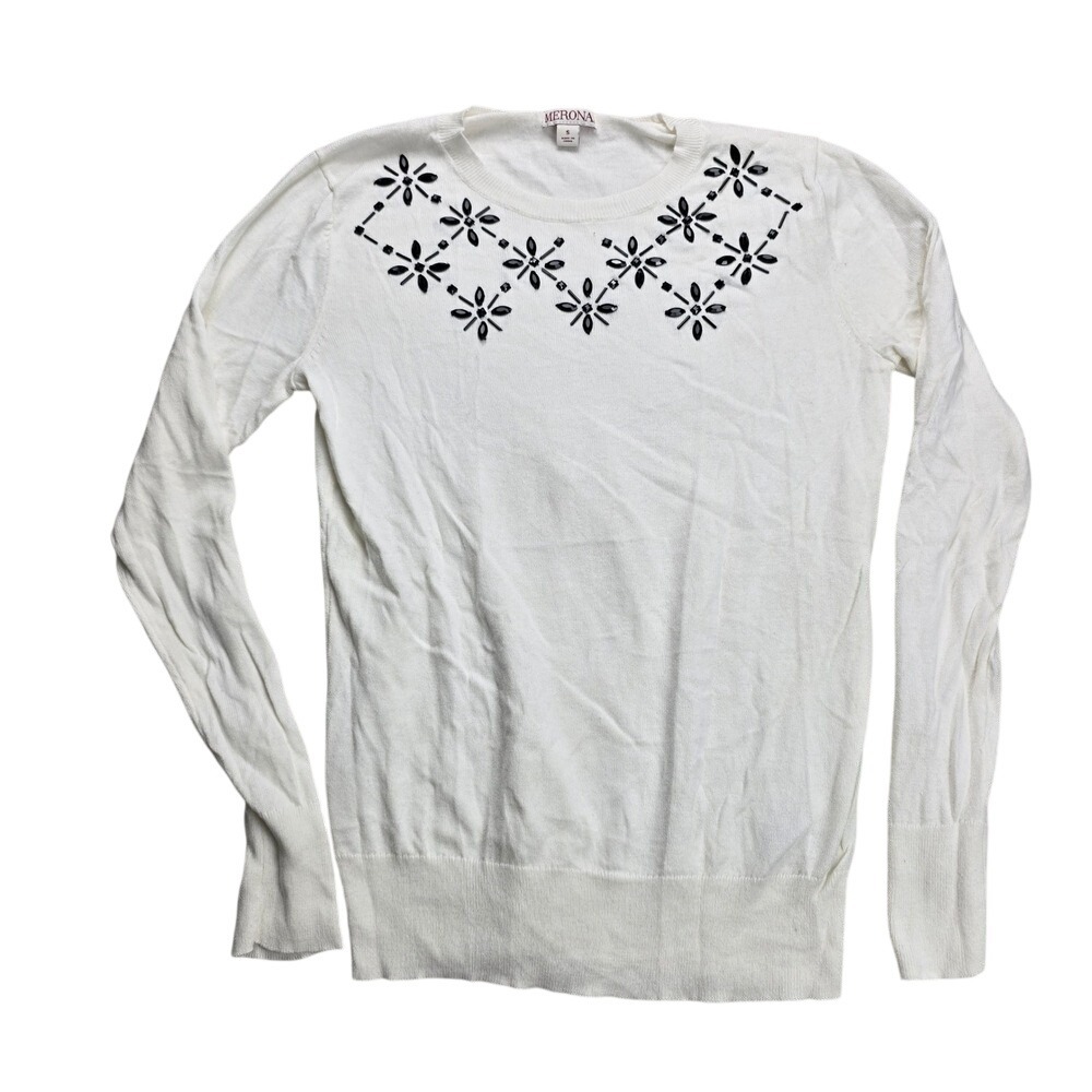 Merona Womens Cream White Beaded Floral Neckline Cotton Blend Sweater Small